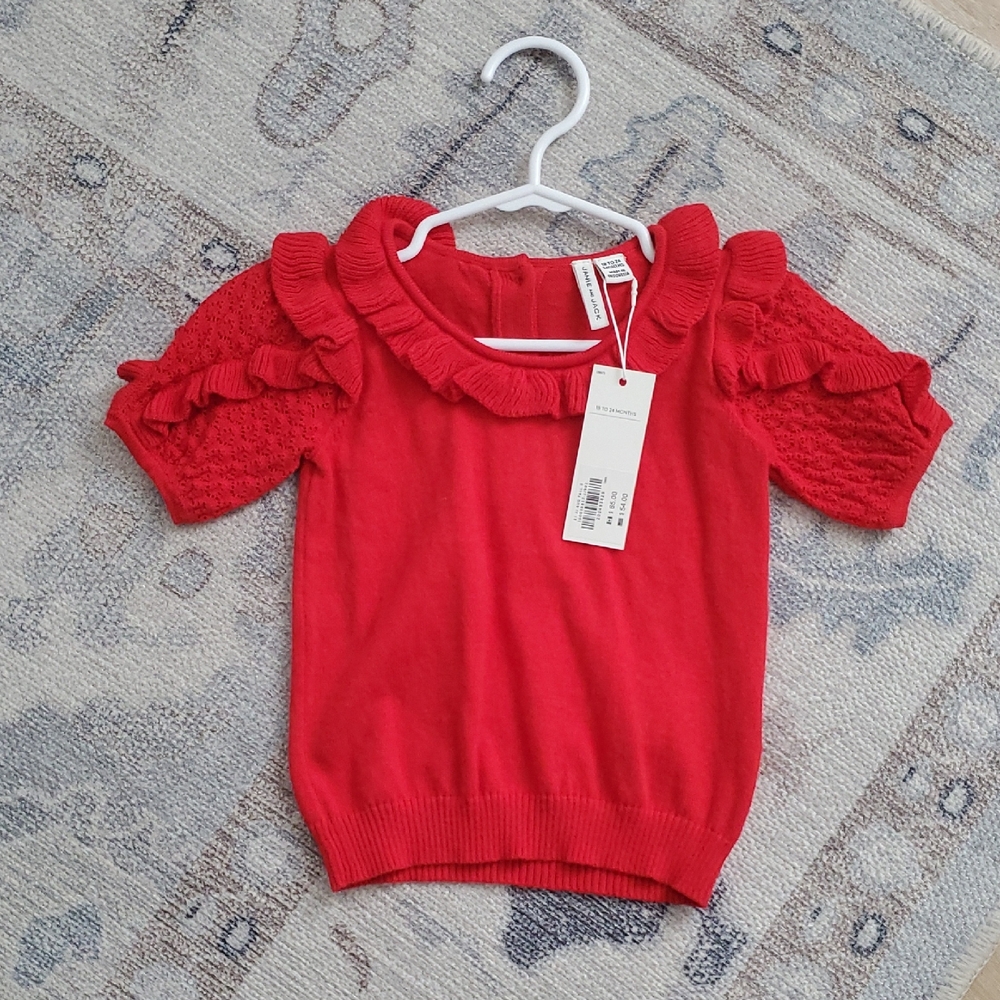 NWT Janie and Jack Girls Red Pointelle Short Sleeve Sweater Sz18-24m